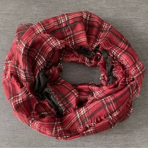 Red plaid gothic goth torn shredded look fringe edge trim black interior layer